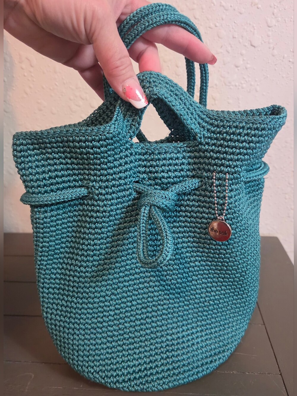The Sak Teal Crochet Mini Backpack Tote